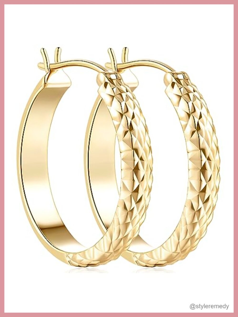 14K Gold Plated Hoop Earrings Clip On 25mm Mesh Engraved Women Jewelry
